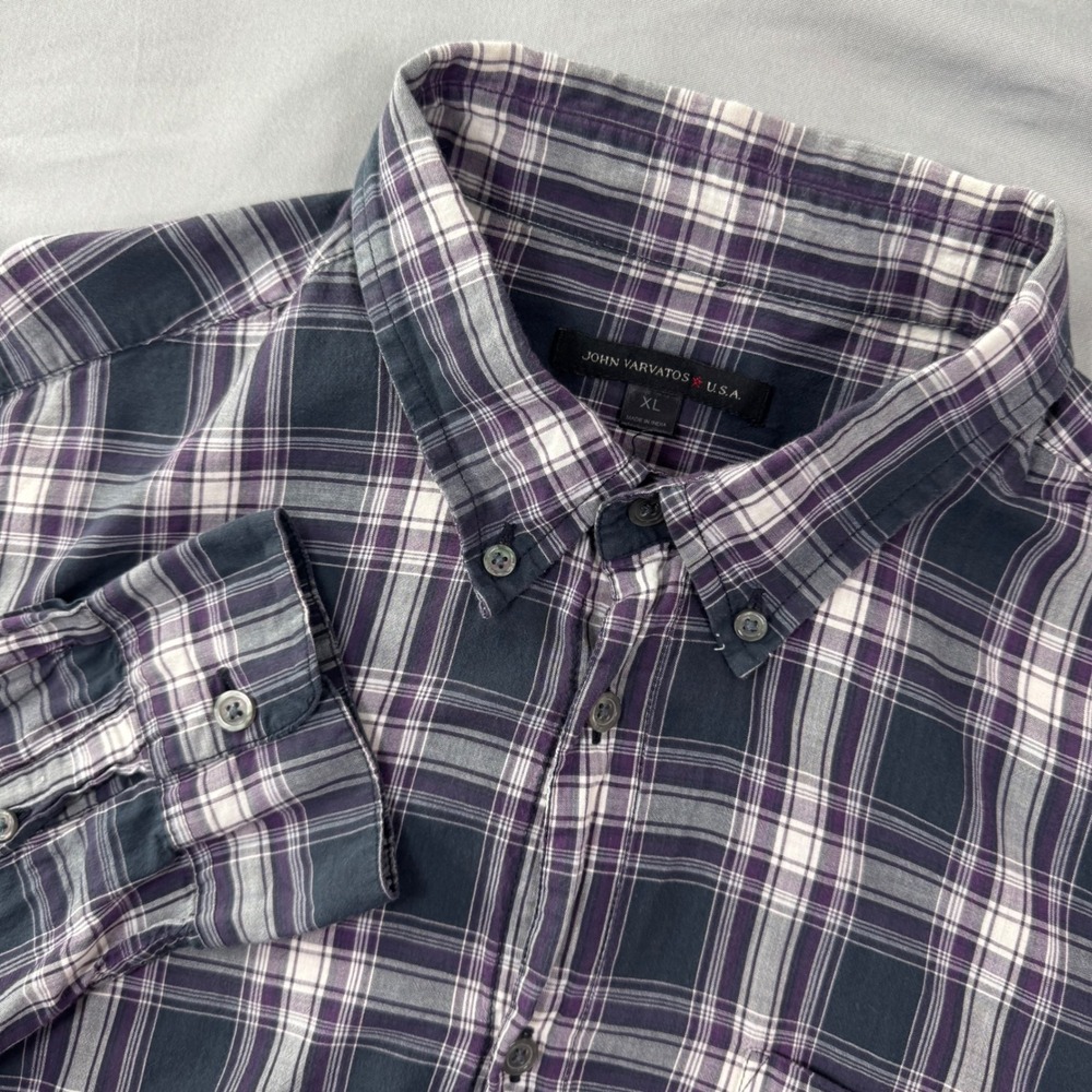 John Varvatos Mens XL Purple Black Plaid‎ Cotton Button Down Shirt Career Casual